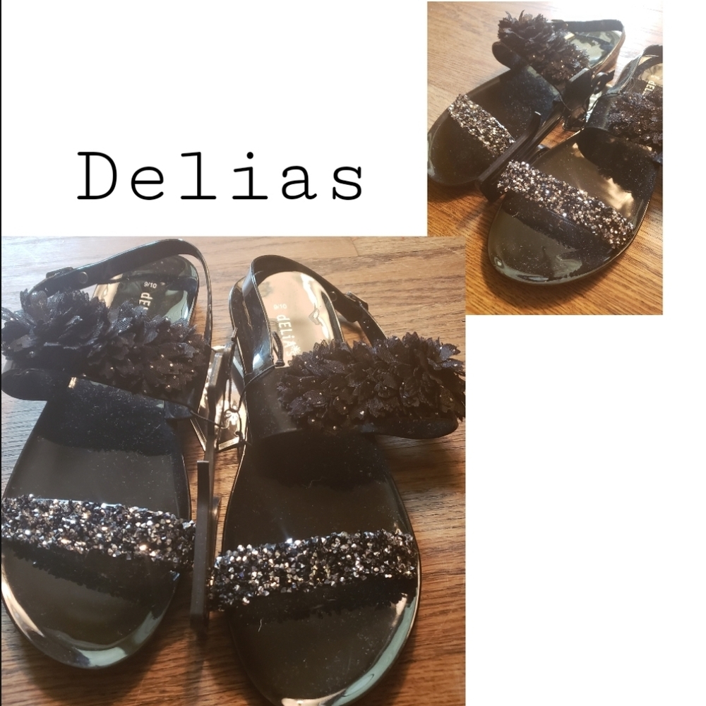Delias black jelly sparkle/ floral sandals. Sz 10